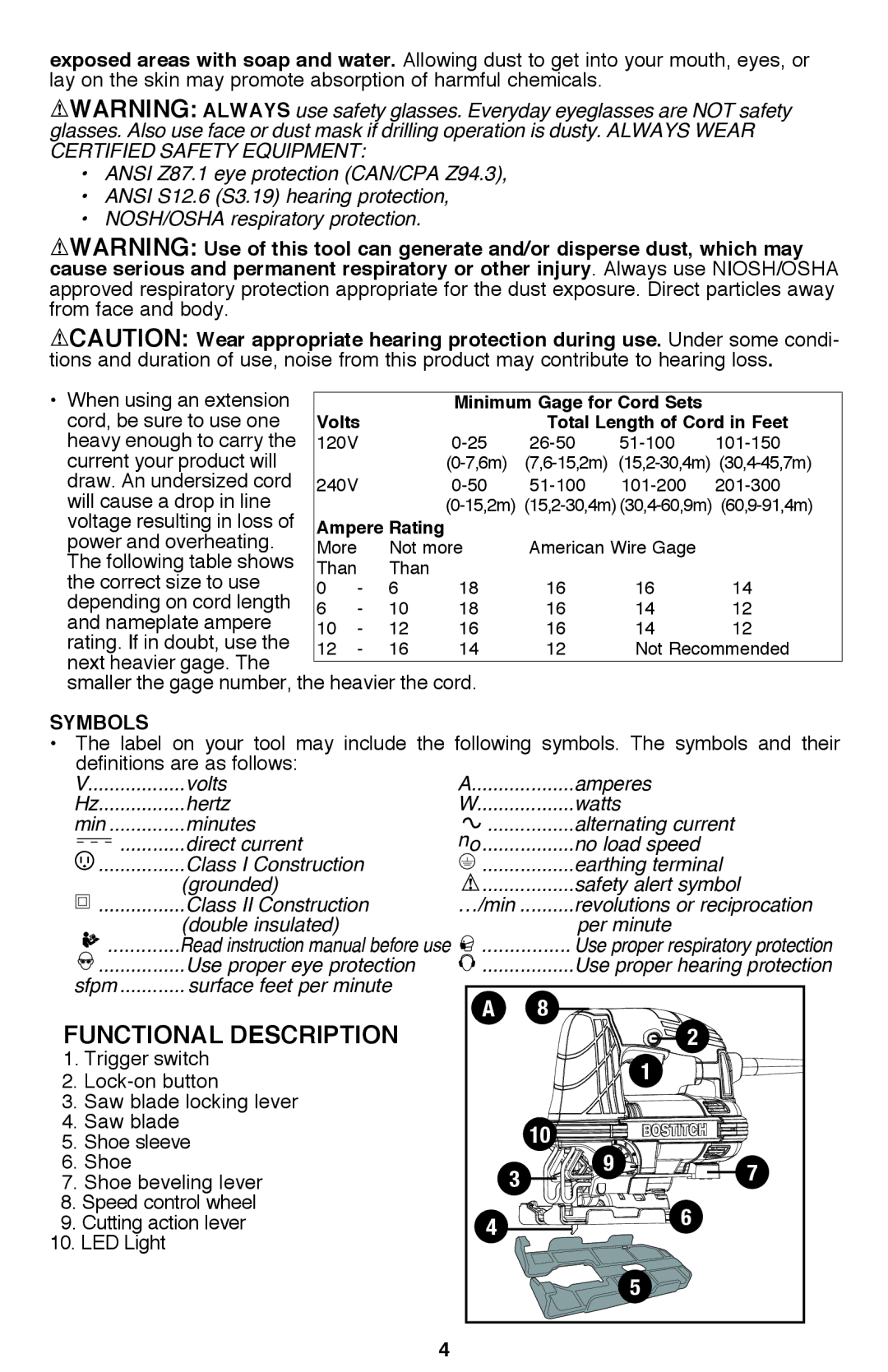 Bostitch BTE340K instruction manual Functional Description, Symbols 